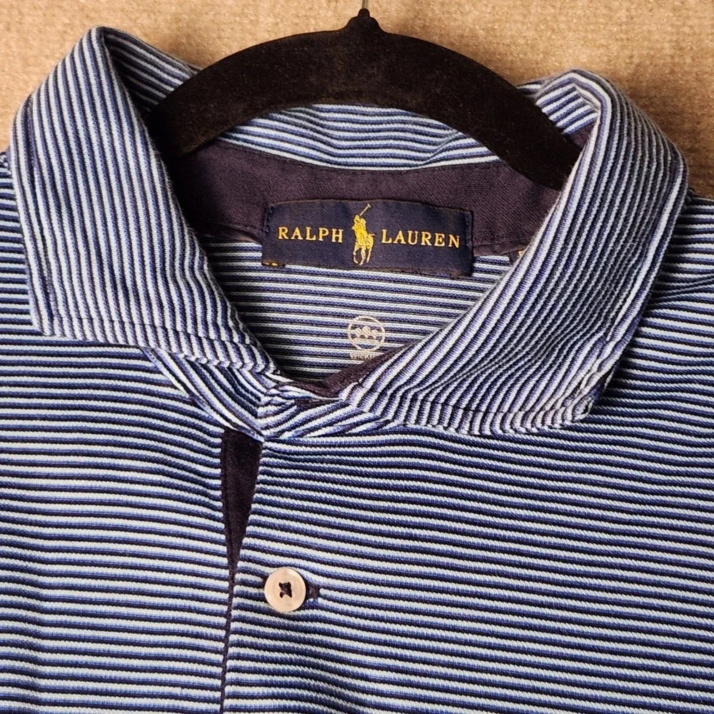 Ralph Lauren Polo Shirt Men XL Blue Striped Exclt Pro Fit Wicking Short Sleeve